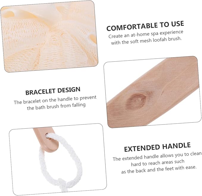 3pcs Bath Sponge Brush Handle Exfoliating Scrubber for Shower Mesh Pouf Back Brush for Men and Women for Easy Cleaning of Hard Reach Areas Travel-Friendly and