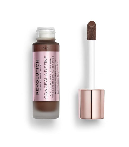 Makeup Revolution Conceal and Define Foundation, Full Coverage & Matte Finish, F17.7 for Dark Skin Tones, Vegan & Cruelty-Free, 0.7 Fl Oz