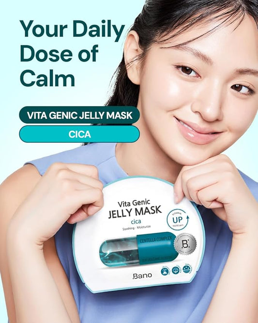 Bano Vita Genic Jelly Face CICA Mask 10EA β Soothing & Hydrating Sheet Mask for Sensitive Skin, Korean Glass Skin Care with Centella, Vitamin C, Biotin & Niacinamide, Fragrance-Free
