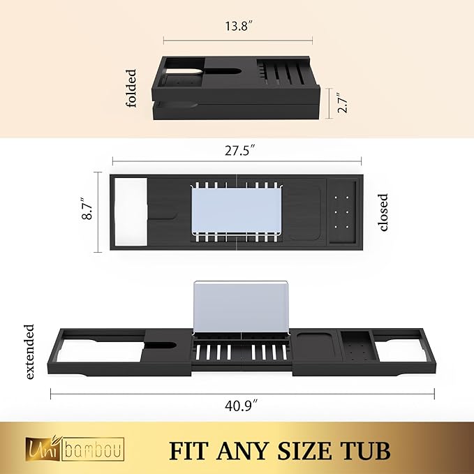Foldable Bathtub Tray - Expandable Bamboo Bath Caddy Tray for Tub - Luxury Wood Bath Accessories, Perfect Spa Experience for New Home - Unique House Warming Gifts for Mom, Women, Couples
