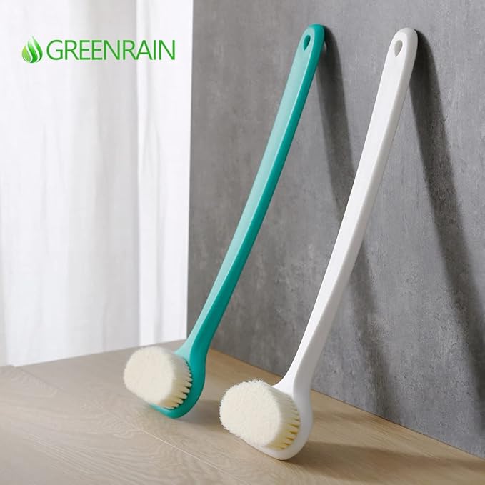 Upgraded Bath Body Brush with Comfy Bristles Long Handle Gentle Exfoliation Improve Skin's Health and Beauty Bath Shower Wet or Dry Brushing Body Brush (14 inch, White)