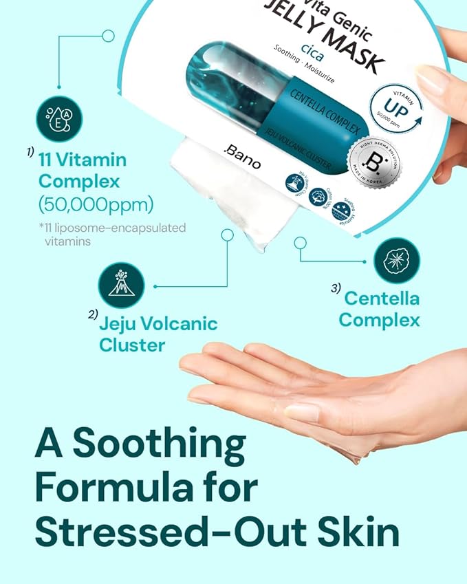 Bano Vita Genic Jelly Face CICA Mask 10EA – Soothing & Hydrating Sheet Mask for Sensitive Skin, Korean Glass Skin Care with Centella, Vitamin C, Biotin & Niacinamide, Fragrance-Free, Pack of 2