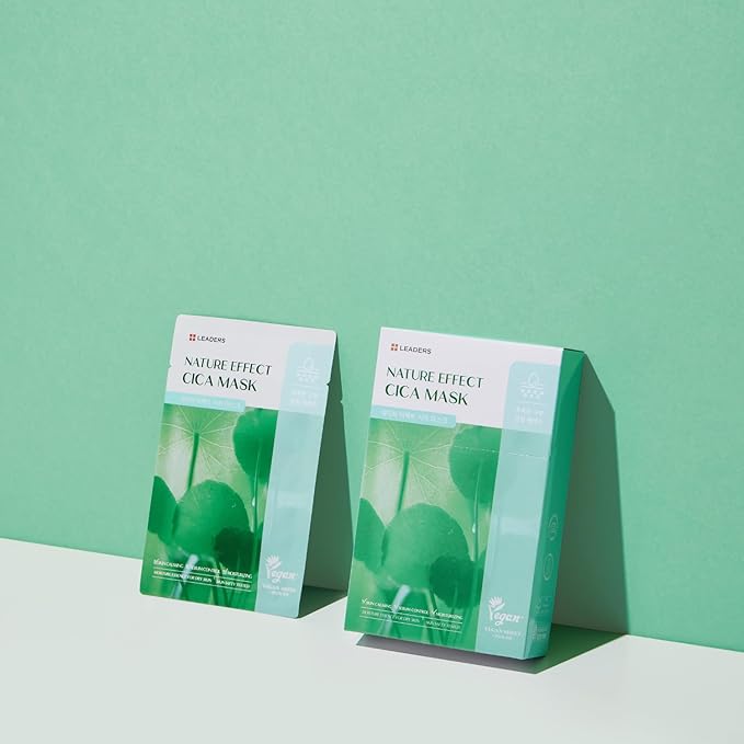 LEADERS Nature Effect Cica Mask β Hydrating & Soothing Face Mask with Cica & Tea Tree Extracts for Healthy Skin, Skin Calming & Moisturizing, Vegan & Plant-Derived, Sebum Control - 10 Sheets