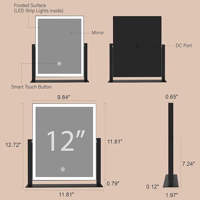 Makeup Mirror with Lights 12" White,Smart Touch Control,3-Color Dimmable LED Vanity Mirror with Lighted Cosmetic Mirror for Dressing Room & Bedroom Desktop,360Β° Rotation,Adjustable Brightness