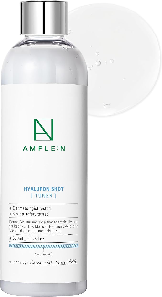 Ample:N Hyaluron Shot Toner β Korean Hyaluronic Acid and Ceramide Hydrating Face Toner - Moisturizing Essence for Minimizing Wrinkles β Dewy Healthy Glow Skin Booster for Dry Skin, 20.3 fl.oz.