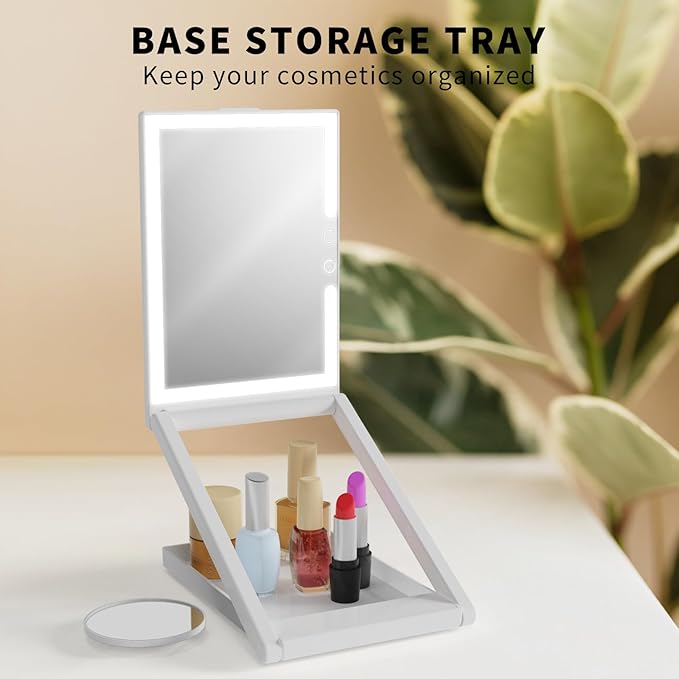 OLIBUY Makeup Mirror with Lights, 7.5" L x 5.7" W Portable Travel Mirror with 10X Magnifying Mirror, 3 Color Lighting Rechargeable Lighted Folding Mirror, Base Storage, Adjustable Height