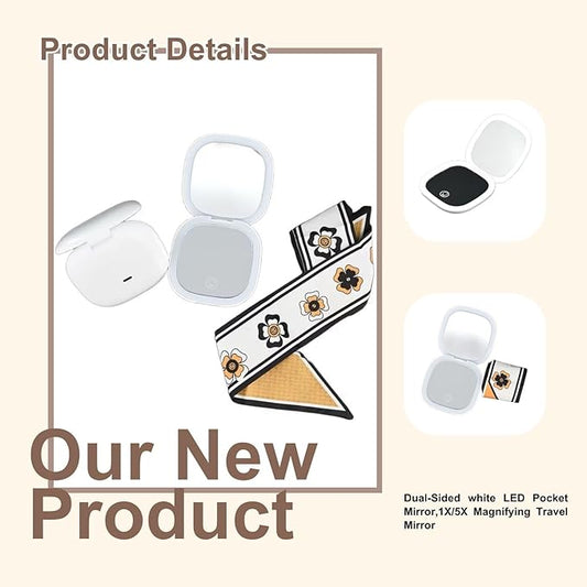 Makeup Mirror with Lights - Dual-Sided White LED Pocket Mirror, 1X/5X Magnifying Travel Mirror, 3 Light Modes, Rechargeable Handheld Mirror for On-The-Go Makeup, Grooming, and Gifts