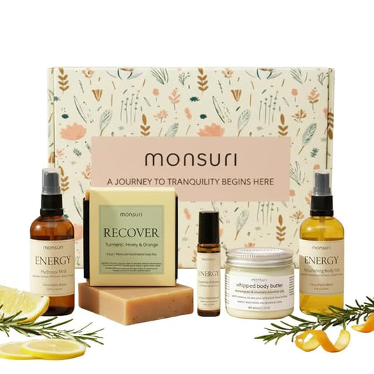 Energy Boost Gifts for Mom - 5-Piece Mood Lift Self Care Gift Set. New Mom Care Package for Tired Moms with Body Butter, Aromatherapy Essential Oil Roller, Turmeric Soap, Body Oil and Room Spray.
