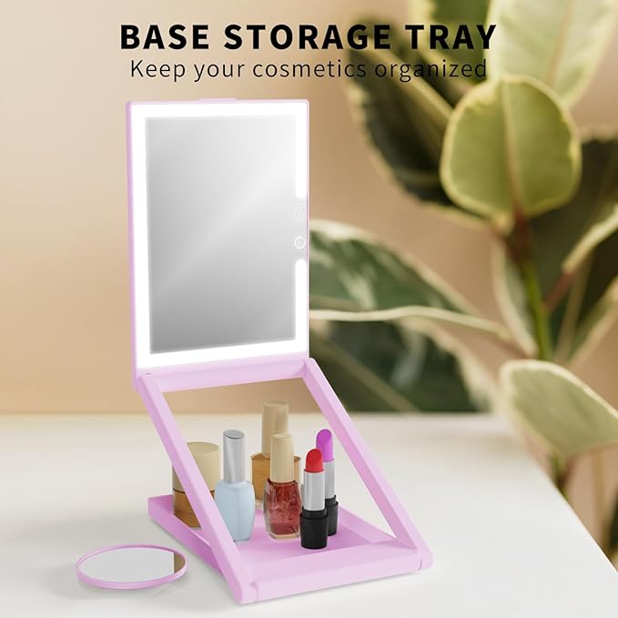 OLIBUY Travel Makeup Mirror with 10X Magnifying Mirror, Height and Angle Adjustable Folding Lighted Makeup Vanity Mirror, Rechargeable 3 Color Illumination LED Mirror, Travel Essential