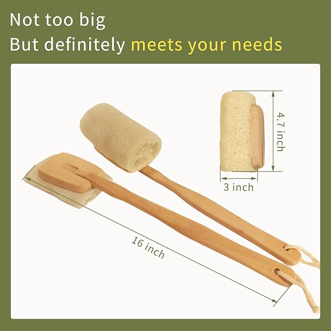 Natural Loofah Brush,Replaceable Hard Loofah Head with Wooden Handle,Back Scrubber for Men Daily Deep Cleaning Luffa On a Stick(2Pack)