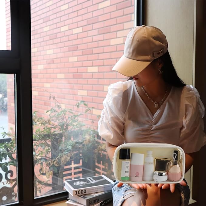 Medium Preppy Transparent Makeup Pouch Women Travel Clear TPU and Nylon Cosmetic Pouch (Medium, Beige)