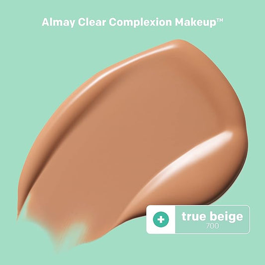 Almay Clear Complexion Acne Foundation Makeup with Salicylic Acid, Medium Coverage, Soft Matte Finish, Hypoallergenic, Cruelty- & Fragrance-Free, Dermatologist Tested, 700 True Beige, 1 fl oz