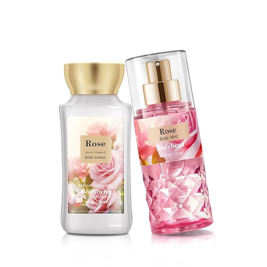 Bath and Body Gift Set for Women & Girls, Rose 2PCS Set for - Body Lotion, Body Mist, Personal Portable Body Care Travel Set for Birthday Mother's Day Gifts for Her and Him