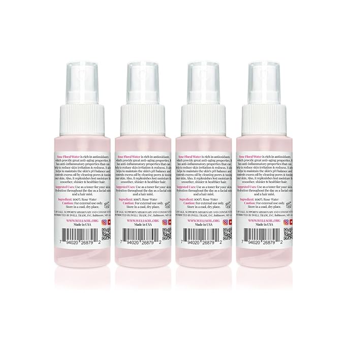 Well's Oil Rosewater Mist Spray (Pack of 4 * 2 Fl oz) β Hydrates, Soothes & Refreshes | 100% Natural | No Chemical | for All Skin and Hair Types