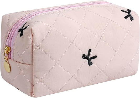 Gleyemor Small Quilted Makeup Bag for Women, Cute Floral Bow Cosmetic Bag, Emergency Bag Travel Toiletry Cotton Pouch Gifts for Girls Her Mom Friend Sister Bridesmaid (Pink&Black Bow)