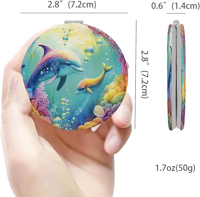 Cheap Small Compact Mirror, Round 2.8” Metal Frame PU MarineAnimal Style Double Sided Mini Magnifying 1X/3X Mirror for Purse Compact Travel Mirror (MarineAnimal01)