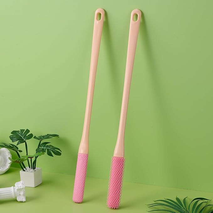 FRCOLOR Toe Cleaning Brush 2Pcs Toe Seam Massage Brush for Shower 15.7 Long Handle Silicone Foot Scrubber Feet Cleaner Brush for Seniors Elderly Men Women-Pink