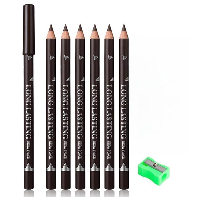 6Pcs Brow Pencil Set with Pencil Sharpener – Wooden Hard-Core Eyebrow Pencils, Perfect for Eye Brows and Eyeliner, Waterproof & Sweat-Proof for Beginner makeup (Dark Brown, Pack of 6)
