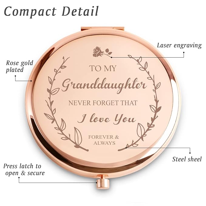 Granddaughter Gifts from Grandparents Grandma Grandpa, Personalized Compact Mirror, Sentimental Mothers Day Birthday Gifts for Granddaughter, Unique Graduation Present for Girls Women Her