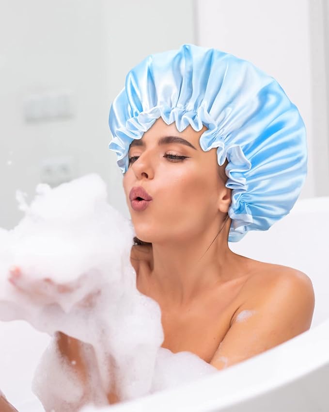 Aquior Shower Caps, Reusable Shower Cap for Women, Double Layer Waterproof Hair Cap, Large Size for All Hair Lengths,for Girls Spa Home Salon Use (Pink Cloud)