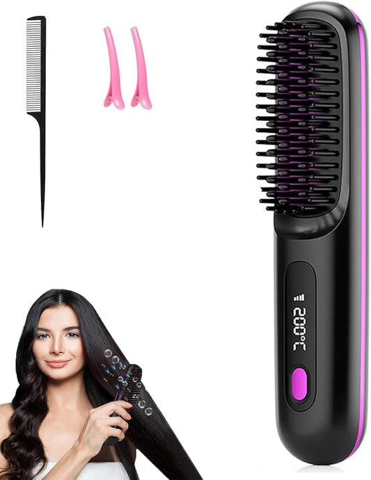 Go Brush Pro, Hair Straightener Brush Portable Gobrush Pro 2025 Cordless Hair Straightener for Travel (Black)
