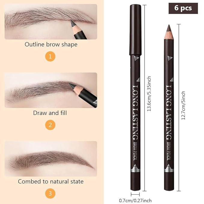 6Pcs Brow Pencil Set with Pencil Sharpener – Wooden Hard-Core Eyebrow Pencils, Perfect for Eye Brows and Eyeliner, Waterproof & Sweat-Proof for Beginner makeup (Dark Brown, Pack of 6)