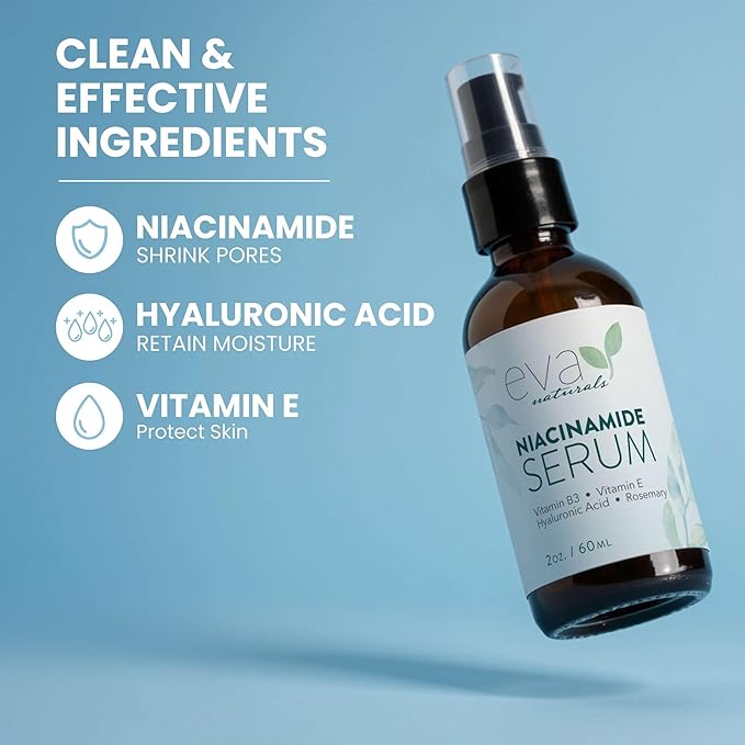 Eva Naturals Niacinamide 5% Serum for Face β B3 Pore Minimizer, Acne Treatment & Dark Spot Corrector with Hyaluronic Acid, Vitamin E, Aloe & Neem β Anti-Aging, Non-Greasy, Hydrating, 2oz