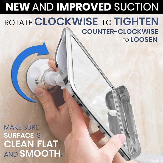 MIRRORVANA Fogless Shower Mirror for Shaving with Razor Holder and Dual Anti Fog Design - Upgraded 360Β° Swivel Suction Cup with Bonus Hook for Hanging - Shatterproof 8" x 7" Surface (Chrome)