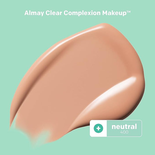 Almay Clear Complexion Acne Foundation Makeup with Salicylic Acid, Medium Coverage, Soft Matte Finish, Hypoallergenic, Cruelty- & Fragrance-Free, Dermatologist Tested, 400 Neutral, 1 fl oz