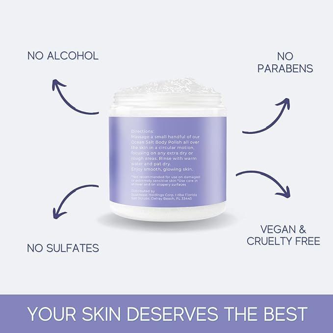 Sea Salt Body Scrub by Florida Suncare - Ocean Salt Body Polish Infused with Marine Algae - Exfoliating Face and Body Scrub - Facial Scrub Exfoliator to Tackle Acne (Lemongrass, 12.1 oz)