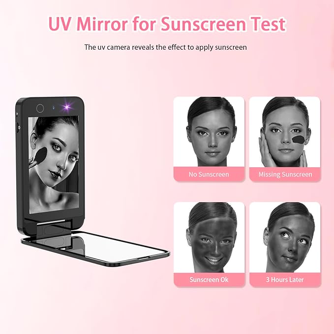 DESCHEN 2500mAh Rechargeable UV Camera UV Mirror for Sunscreen Test, 4 Inch Portable Double-Sided Travel Smart UV Lens Compact Detection Makeup Sunscreen Testing Camera Mirror, Skin Sun Protection