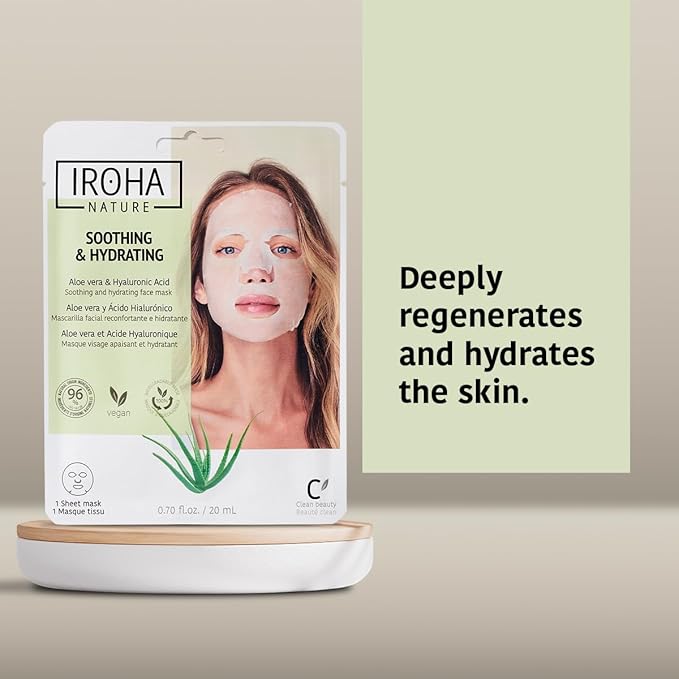 IROHA NATURE Comforting & Hydrating Tissue Face Mask with Aloe Vera | 5 Pack | Aftersun Effect | 96% Natural Ingredients