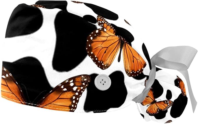 2 PCS Bouffant Cap with Button Ponytail Pouch Working Cap Sweatband Adjustable Surgical Cap Black and White Cow