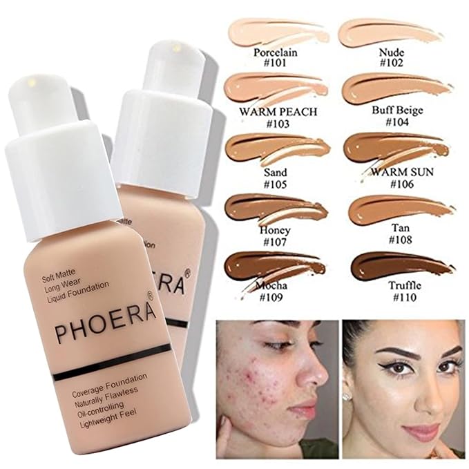 PHOERA Foundation & Concealer - Full Coverage, 24 Hour Fresh Wear with Matte Finish, Includes Primer & Powder (111 Chestnut)