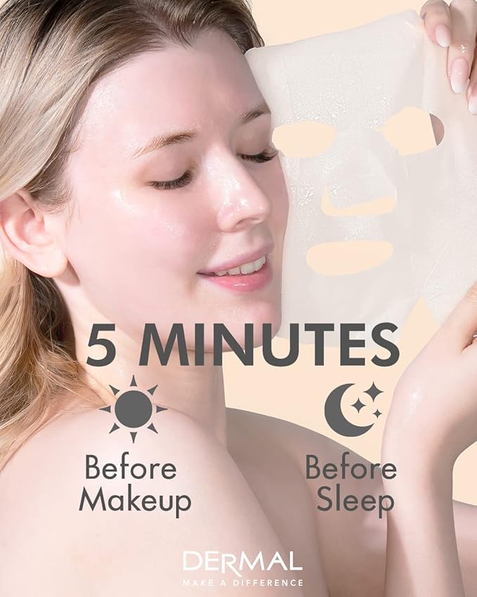 DERMAL Korean Collagen Face Mask – Hydrating & Soothing Sheet Mask with Panthenol – Hypoallergenic Calming Moisture Care for All Skin Types – 48 Combo Pack