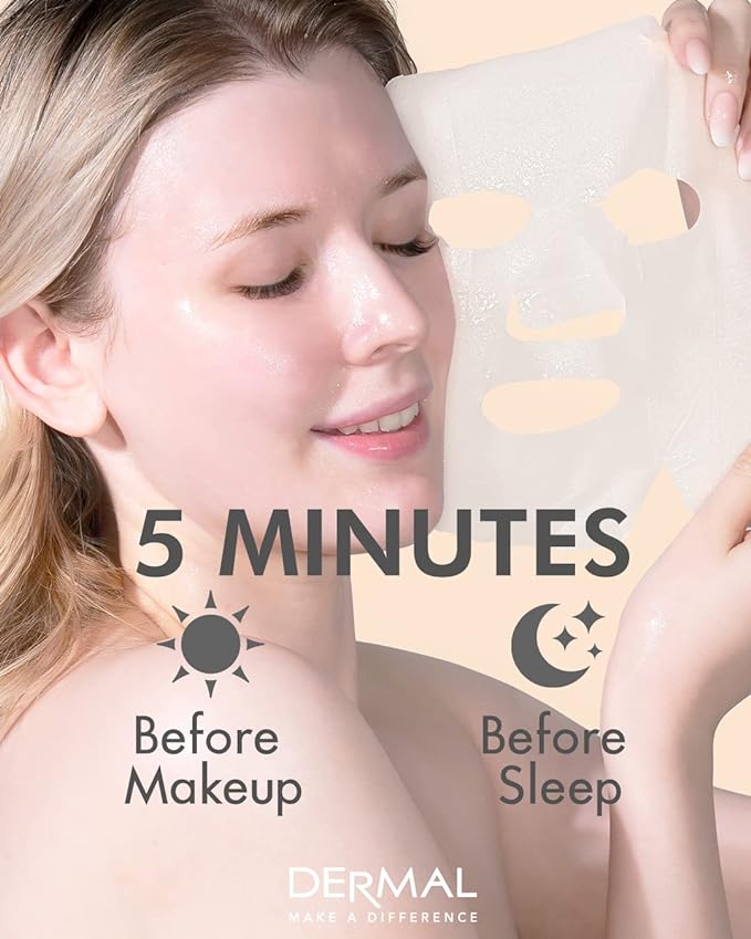 DERMAL 26 Combo Pack Collagen Essence Korean Face Mask (Green & Yellow) - Hydrating & Soothing Facial Mask with Panthenol - Hypoallergenic Sheet Mask for All Skin Types - Home Spa Treatment Mask