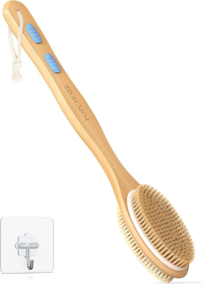 POPCHOSE Back Scrubber for Shower, Long Handle Soft and Stiff Bristles Shower Brush, Dry Brushing & Wet Exfoliation for Shower, Durable Bath Brush for Body, Back Washer for Shower for Women & Men