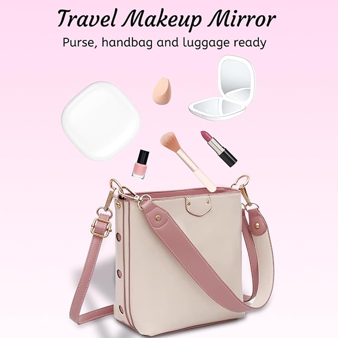 Compact LED Travel Makeup Mirror, Rechargeable Double Sided 1X/10X Magnifying Mirror, 3 Color Lighting, Dimmable Touch Screen, Foldable Lighting Mirror with USB Data Cable White