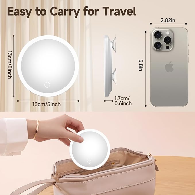 Lighted 20X Magnifying Mirror, Makeup 20X Magnification with Suction Cups, Ring Handheld Magnified Mirror with 3 Color Dimming Rechargeable 5inch Travel Magnification with Tweezers & Scissors Set