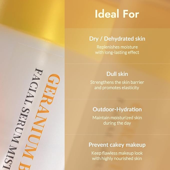 Fresh Dewy Geranium Blossom Facial Serum Mist with Sunflower Oil Jojoba Oil & Squalane Korean Face Spray for Deep Hydration Skincare on the Go 3.38 oz