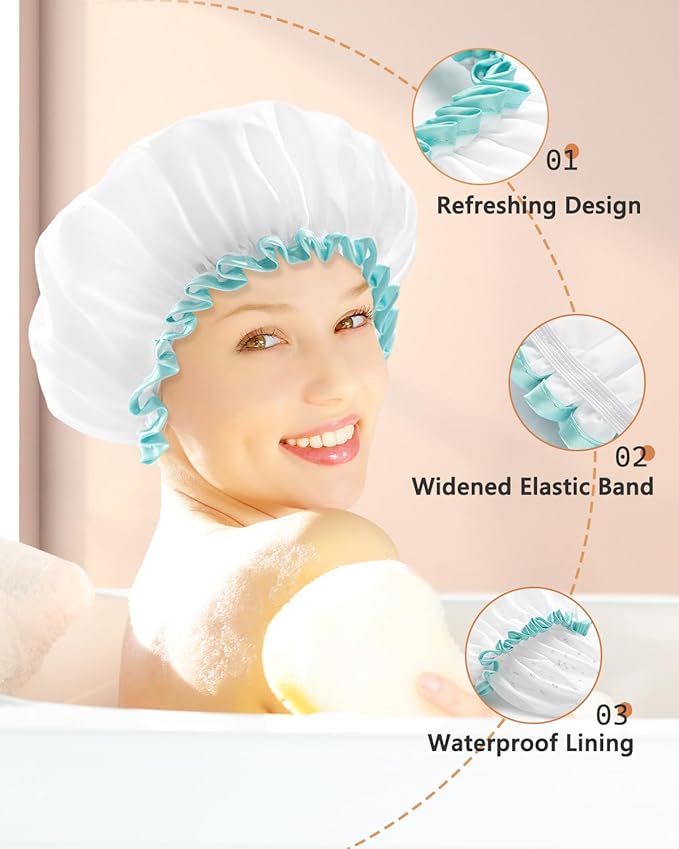 mikimini Shower Cap for Women and Girls,Reusable,Waterproof, Washable, Cute and Soft,White