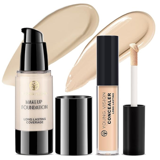YOUNG VISION Full Coverage Liquid Foundation and Concealer Duo β Long-Wear, Lightweight, Non-Comedogenic, Hydrating, Oil-Free, Waterproof, Skin-Like Finish for All Skin Types