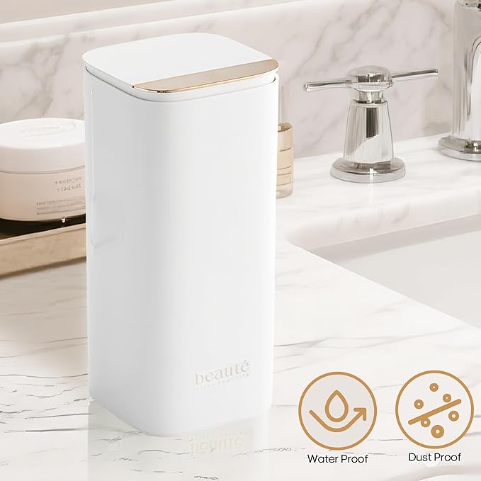 Makeup Brush Holder with Lid,One Touch Open 4 Slot Makeup Brush Case with Waterproof Dustproof,Brushes Storage Holder for Vanity, Dresser, Desk (White)