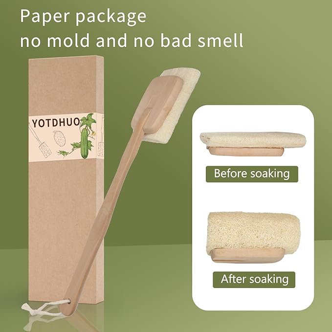 Natural Loofah Brush,Replaceable Hard Loofah Head with Wooden Handle,Back Scrubber for Men Daily Deep Cleaning Luffa On a Stick(2Pack)