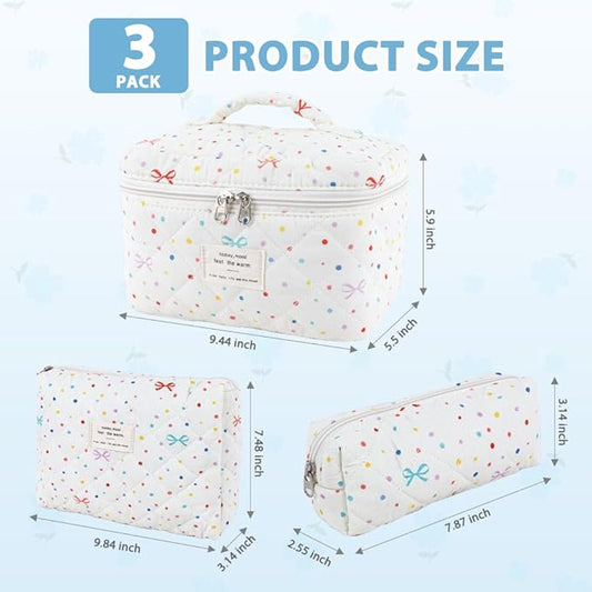 3Pcs Cotton Quilted Makeup Bag Set,Large Floral Cosmetic Bag,Aesthetic Toiletry Travel Makeup Bag Set and Cute Flower Bag for Women Girls (Apricot Colored Dot)