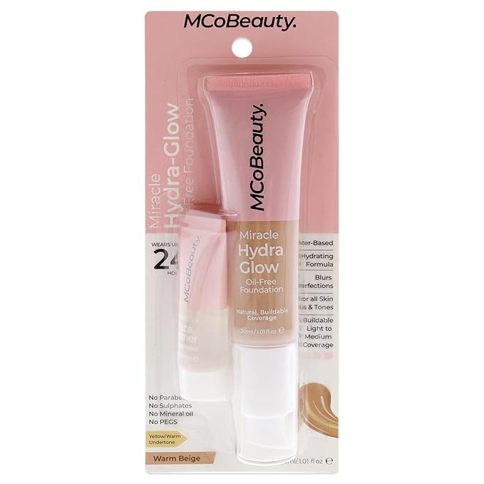 MCoBeauty Miracle Hydra Glow Oil-Free Foundation - Water-Based, Light-Medium Coverage - Features A Natural Satin Finish - Ultimate Radiant Base - With A Second-Skin Feel - Warm Beige - 1 Oz