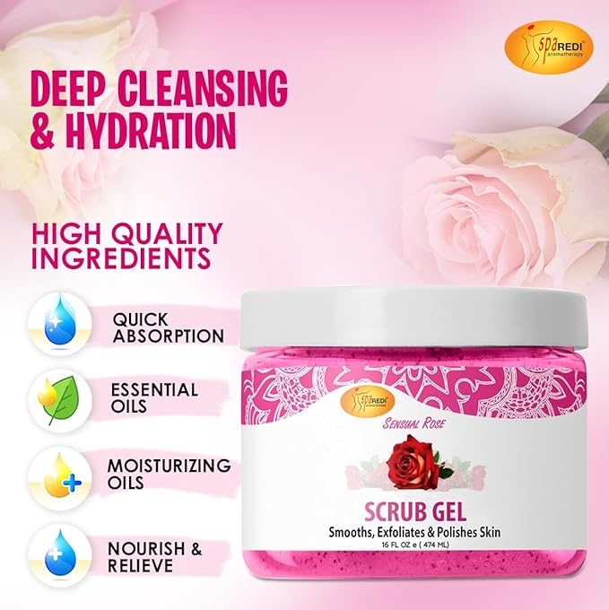 SPA REDI β Exfoliating Scrub Pumice Gel, Sensual Rose, 16 oz - Manicure, Pedicure and Body Exfoliator Infused with Hyaluronic Acid, Amino Acids, Panthenol and Comfrey Extract