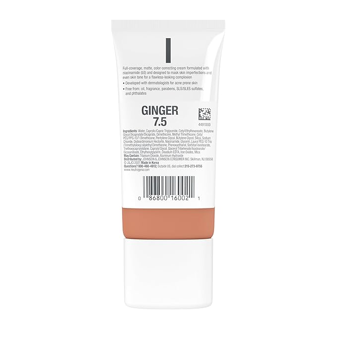 Neutrogena Clear Coverage Flawless Matte CC Cream, Full-Coverage Color Correcting Cream Face Makeup with Niacinamide (b3), Hypoallergenic, Oil Free & Fragrance Free, Ginger, 1 oz