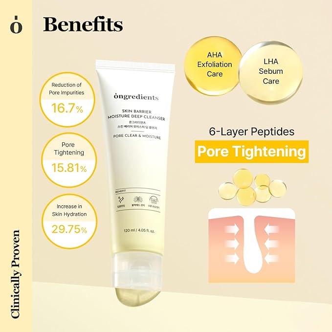 ONGREDIENTS Skin Barrier Moisture Deep Cleanser | Daily Face Wash for All Types | Centella, Peptide, AHA, LHA, Hydrating, Soothing, Pore Tightening | Vegan, Korean Skin Care 4.06 fl Oz