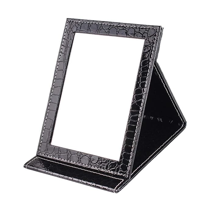 Black Portable PU Leather Vanity Mirror Folding Makeup Mirror with Desktop Standing for Travel, Personal Use, Outdoor and More (4.7 * 6.9 * 0.6 Inch)